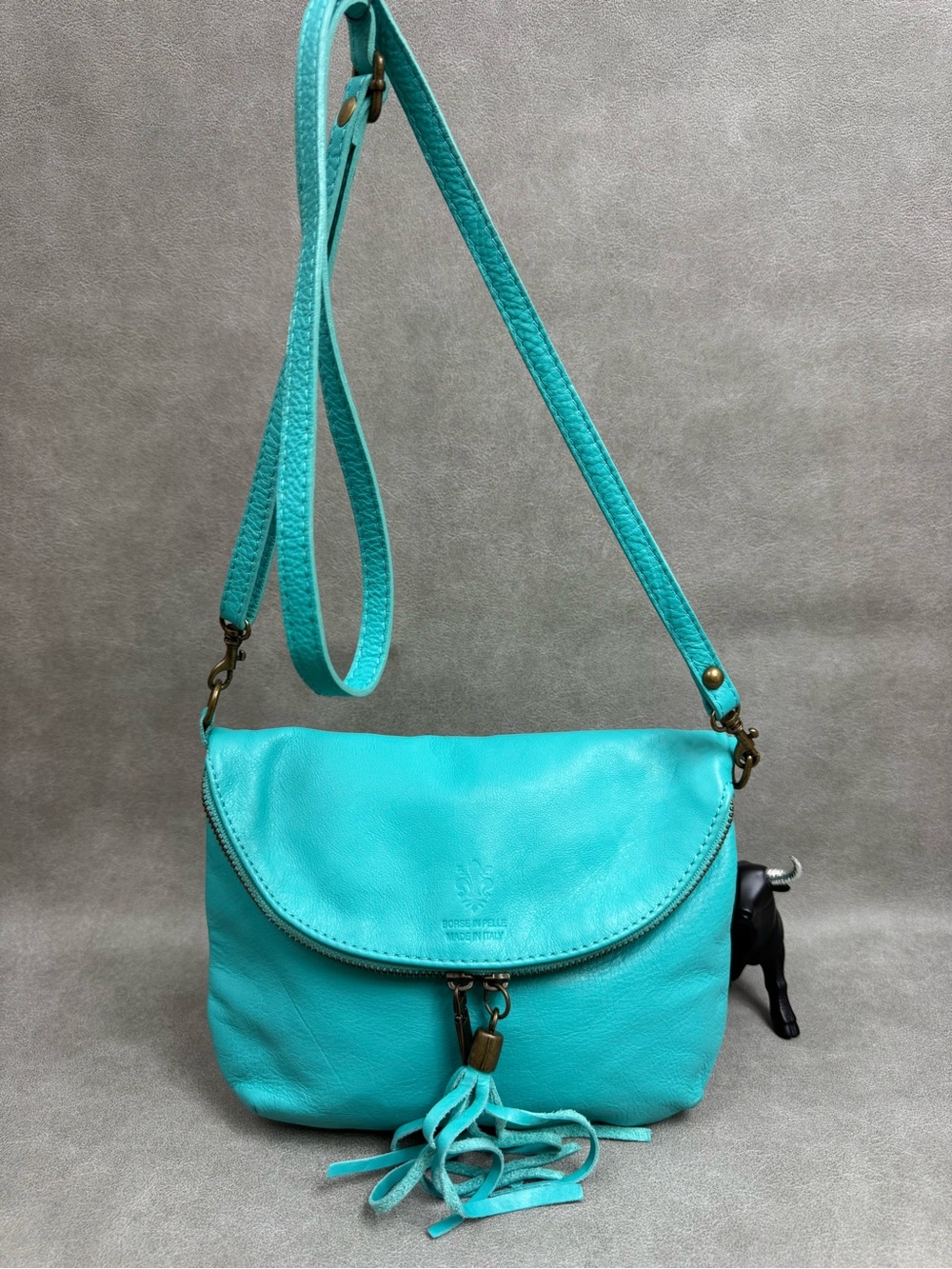 Leather Crossbody Bag in Turquoise with Tassel Accent